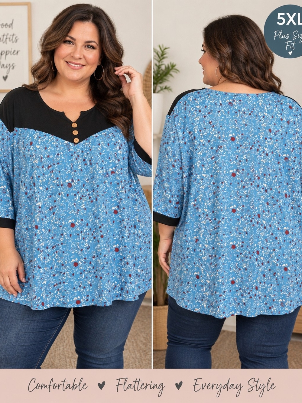 Women’s 5XL Plus Size Blue Floral Tunic Top Black Colorblock Stretch Blouse